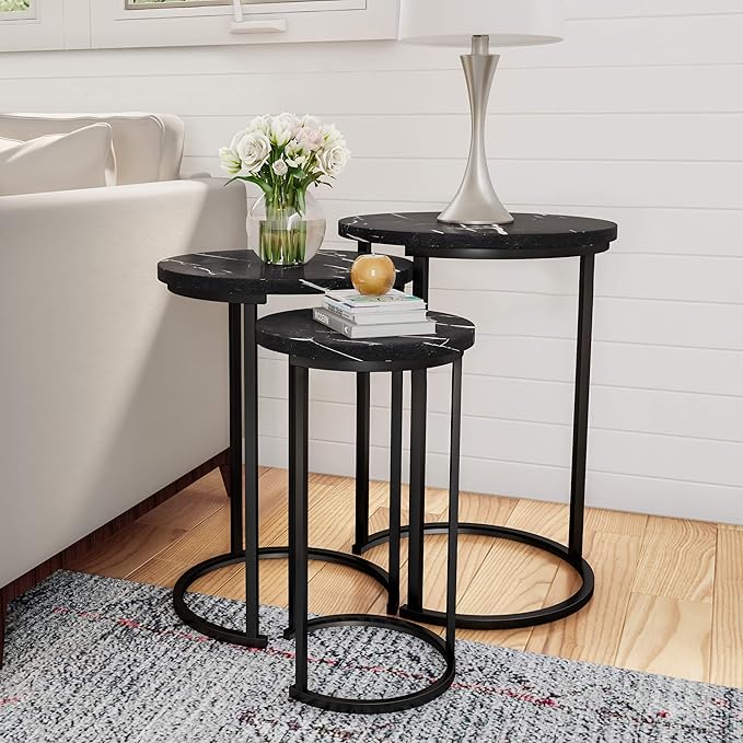 Nesting Tables - Set of 3 Round Side Tables for Living Room, Bedroom