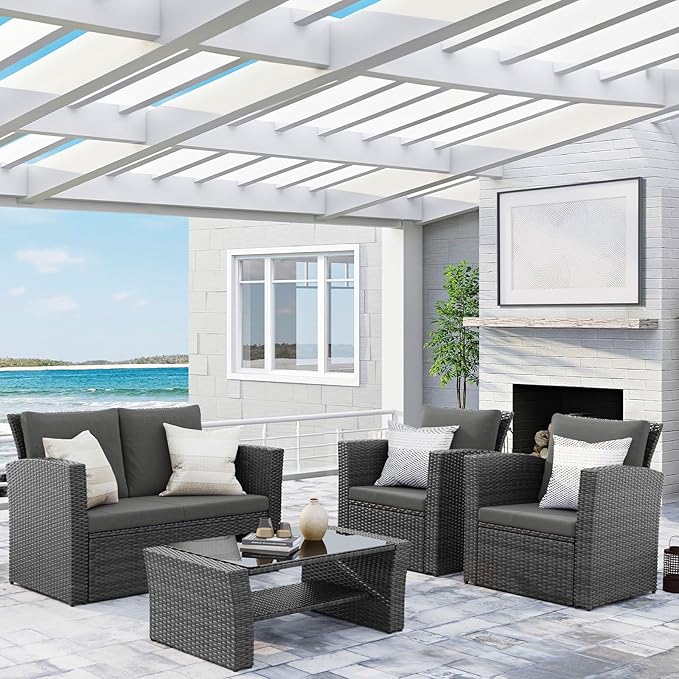 4 Piece Outdoor Patio Furniture Sets, Wicker Conversation Set for Porch Deck