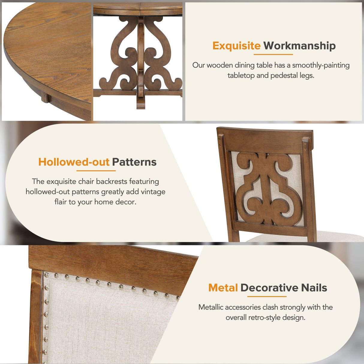 Round Solid Wood Dining Table Set for 4 - 5-Piece Farmhouse Kitchen Set