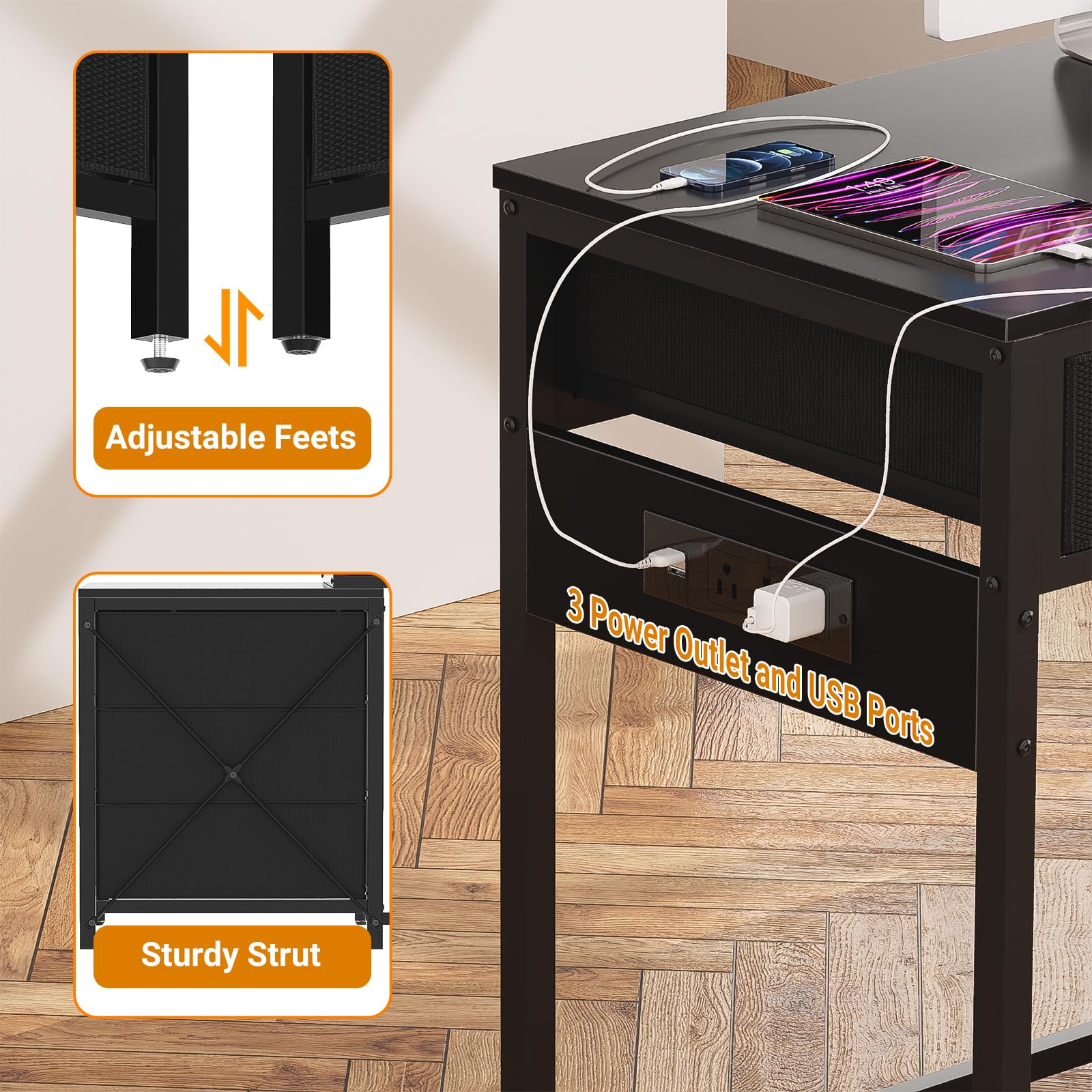 Unikito Reversible Computer Desk with 5 Drawers, Sturdy Office Desk with Power Outlets and USB Ports, Corner Writing Table with File Cabinet & Printer Stand, Vanity Desk with Storage, Black