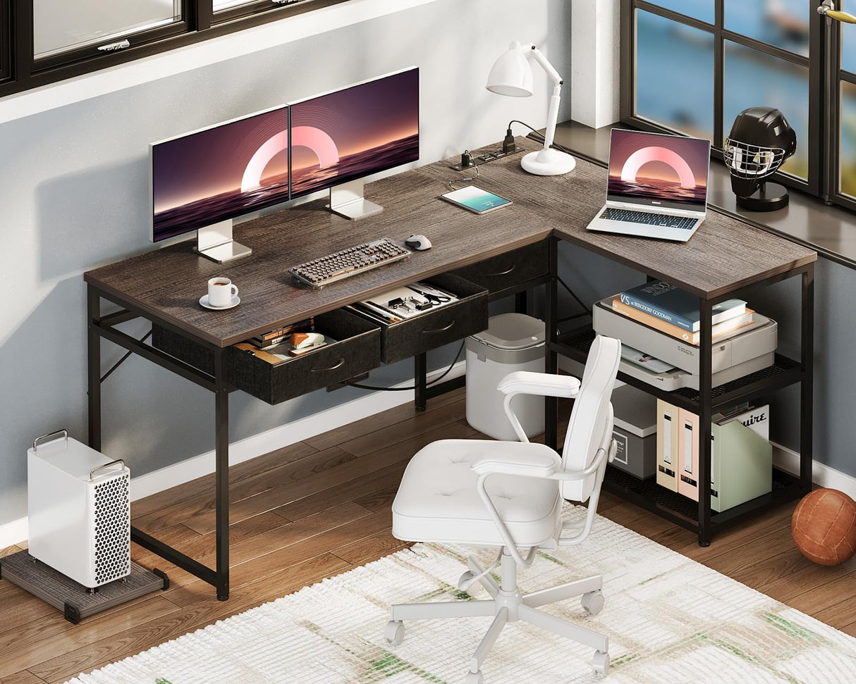 Inch L Shaped Computer Desk with Drawers, Corner Desk with Power Outlets & Reversible Storage Shelves, Movable CPU Stand for Home Office Gaming, Oak Grey