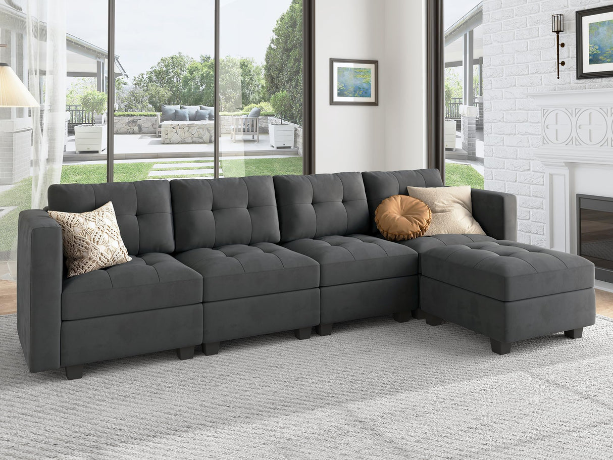 Modular Sectional Sofa with Storage Seat Convertible L Shaped Couch with Chaise Velvet 4 Seater Sofa