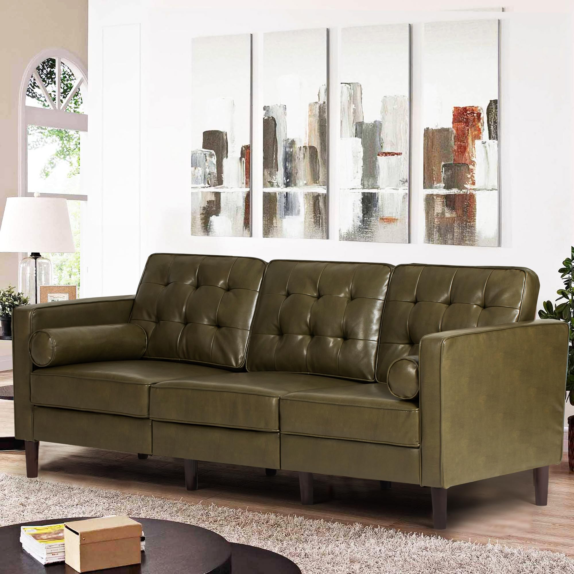 Premium Faux Leather 3-Seat Sofa w/Two Bolster Pillows and Tufted Backrest