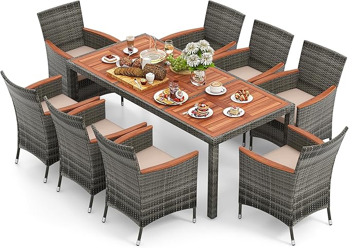 7 Pieces Outdoor Wicker Dining Set, Patio Dining Furniture Set with Acacia Wood Table