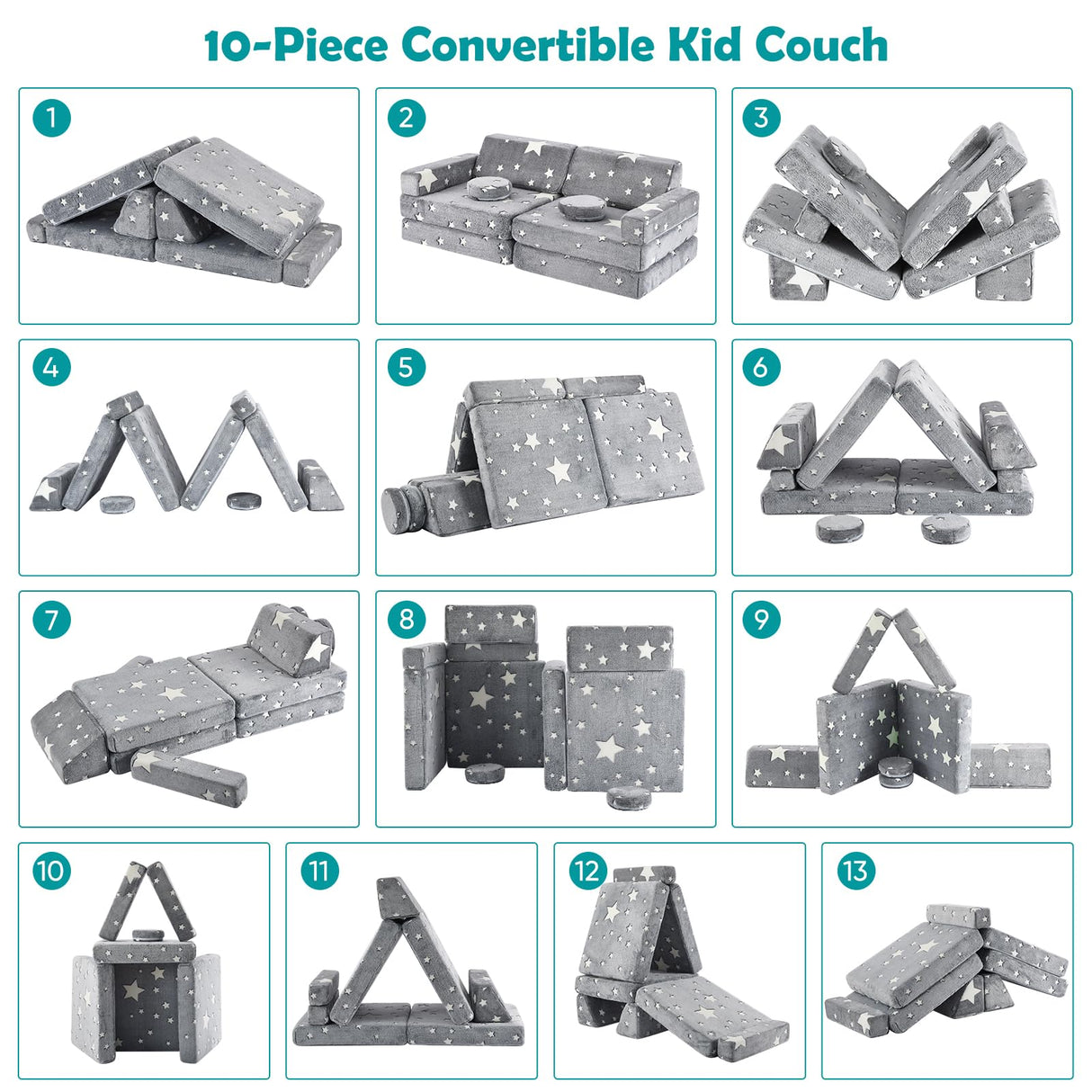 Kids Play Couch, 10 Pcs Glowing Stars Toddler Sofa