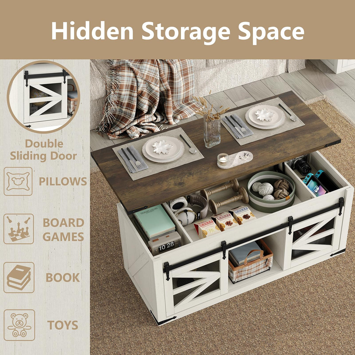 Lift Top Coffee Table with Storage, 47.3'' White Farmhouse Center Table