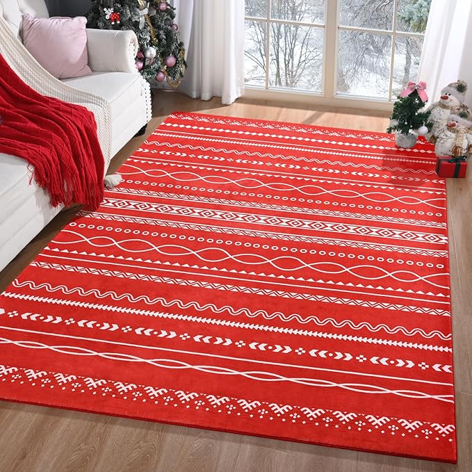 Christmas Red Rugs for Living Room 5x7 Area Rug Moroccan Neutral Carpet Non-Slip