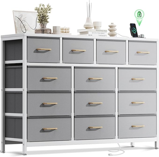 Bedroom with Charging Station, 57" Long Dresser with 13 Storage Drawers, Large