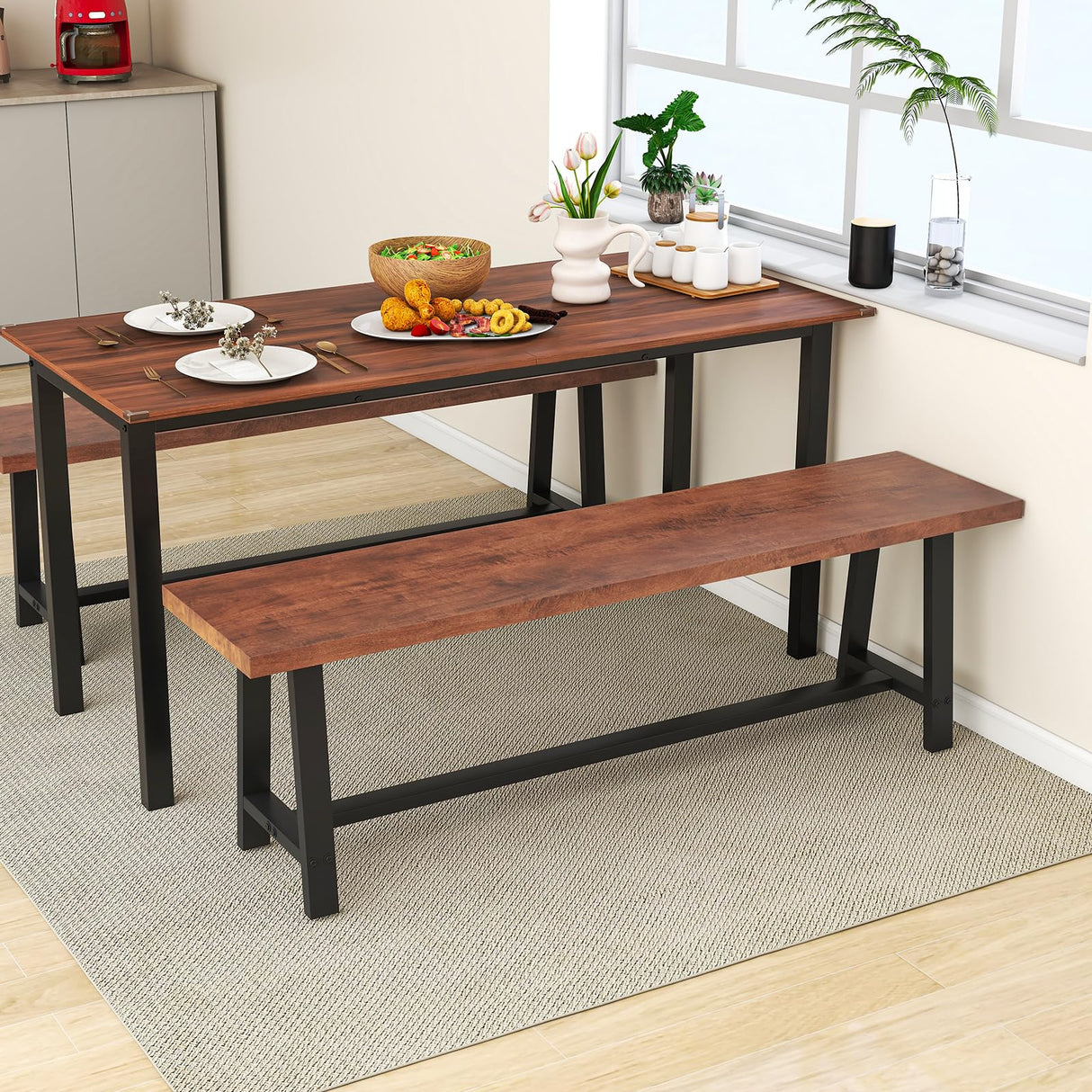 60” Wood Dining Bench, 3 Person Entryway Shoe Bench