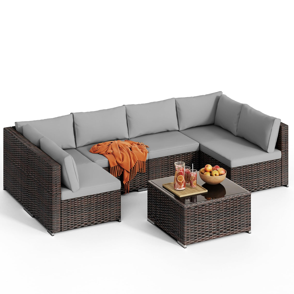 7 Pieces Outdoor Patio Furniture Set, PE Rattan Outdoor Wicker Sectional Furniture Sofa