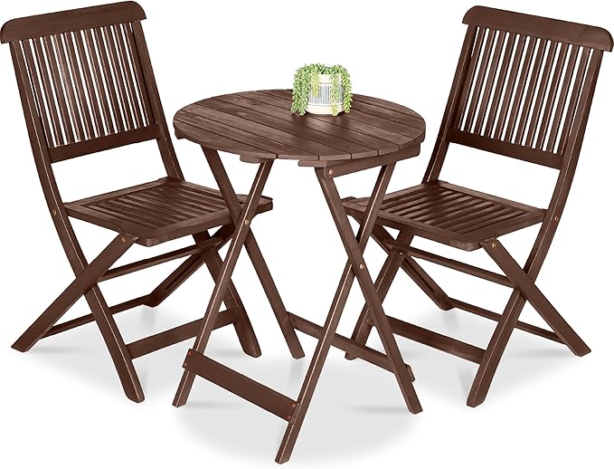 Acacia Wood Bistro Set - 3-Piece Folding Patio Furniture with 2 Chairs & Round Coffee Table
