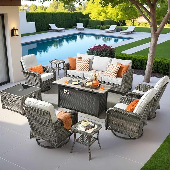 8 Pieces Patio Furniture Set Outdoor Wicker Conversation Sets with Swivel Rocking Chair