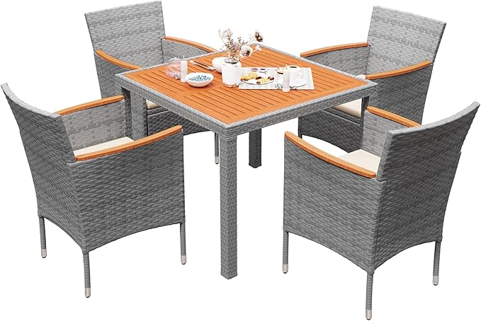 5 PCS Furniture, Patio Conversation Set with Acacia Wood Top