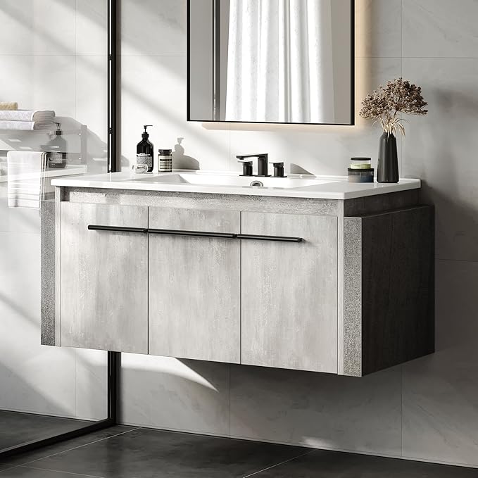 Floating Vanity Bathroom with Sink Combo, Grey Wall Mounted Modern Vanity, Bathroom Cabinet Vanity