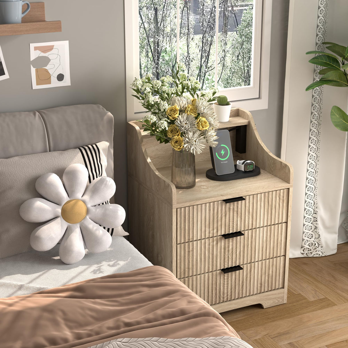 Nightstand with Charging Station Bedside Table Night Stand with 3 Drawer Mid-Century