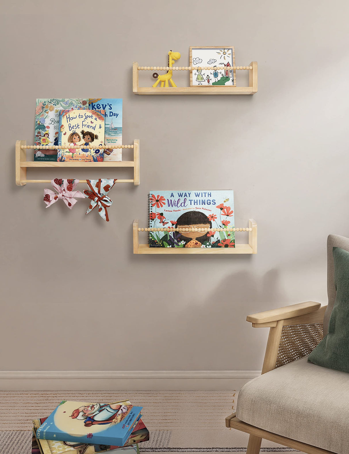 Nursery Floating Shelves for Wall, Set of 3 Book Shelves Natural Wood Wall