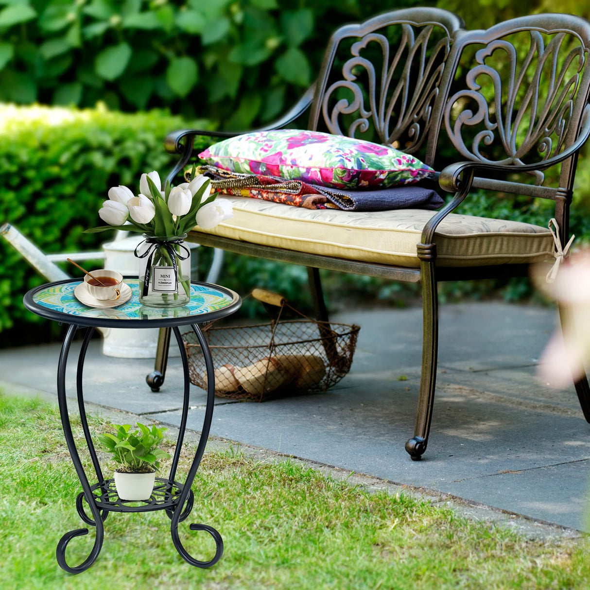 Mosaic Outdoor Side Table, 14" Round Patio Side Table, Mosaic Plant Stand, End Table