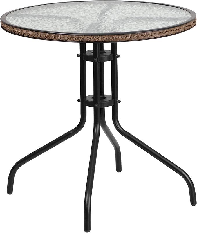 Barker 28'' Round Tempered Glass Metal Table with Dark Brown Rattan Edging