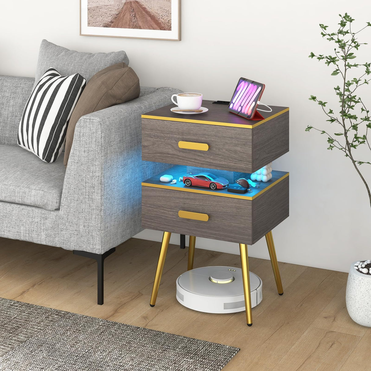 Nightstand with Charging Station & LED Lights, 28.5" Bedside Table with 2 Drawers