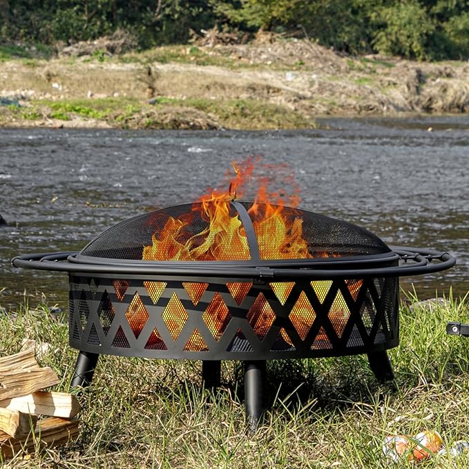 36 Inch Wood Burning Fire Pit with 2 Loops, Outdoor Fire Pit