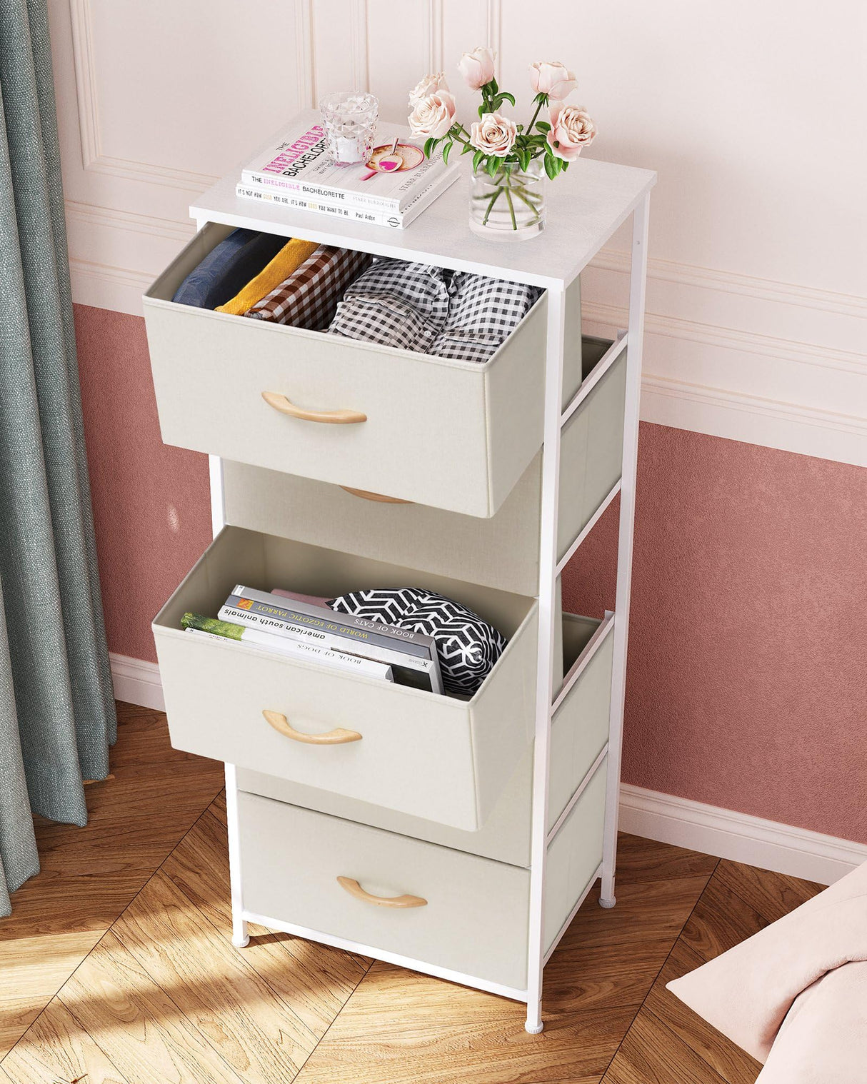 Vertical Dresser Storage Tower - Sturdy Steel Frame, Wood Top