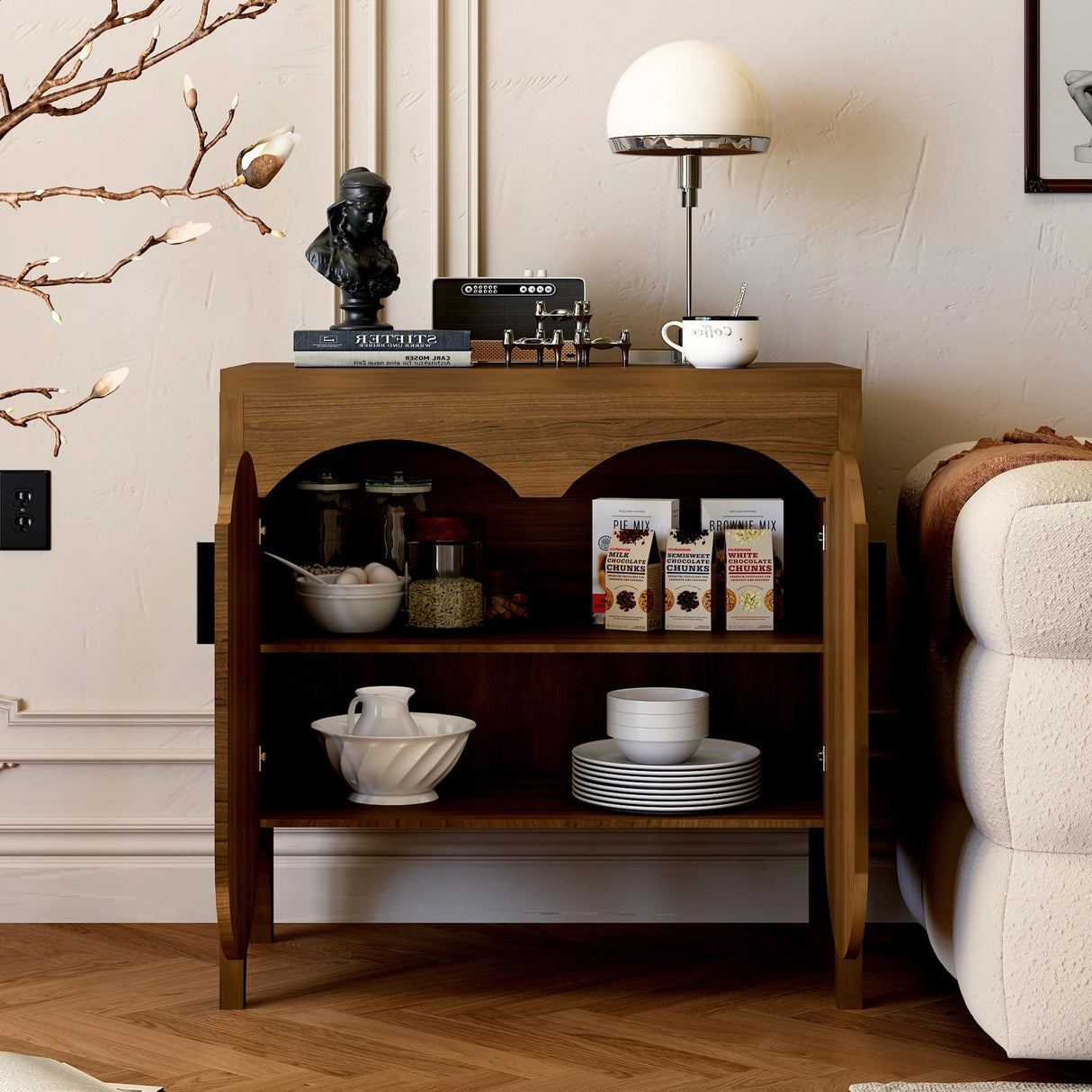 Fluted Buffet Cabinet with Storage, Sideboard Buffet Cabinet with Curved Door