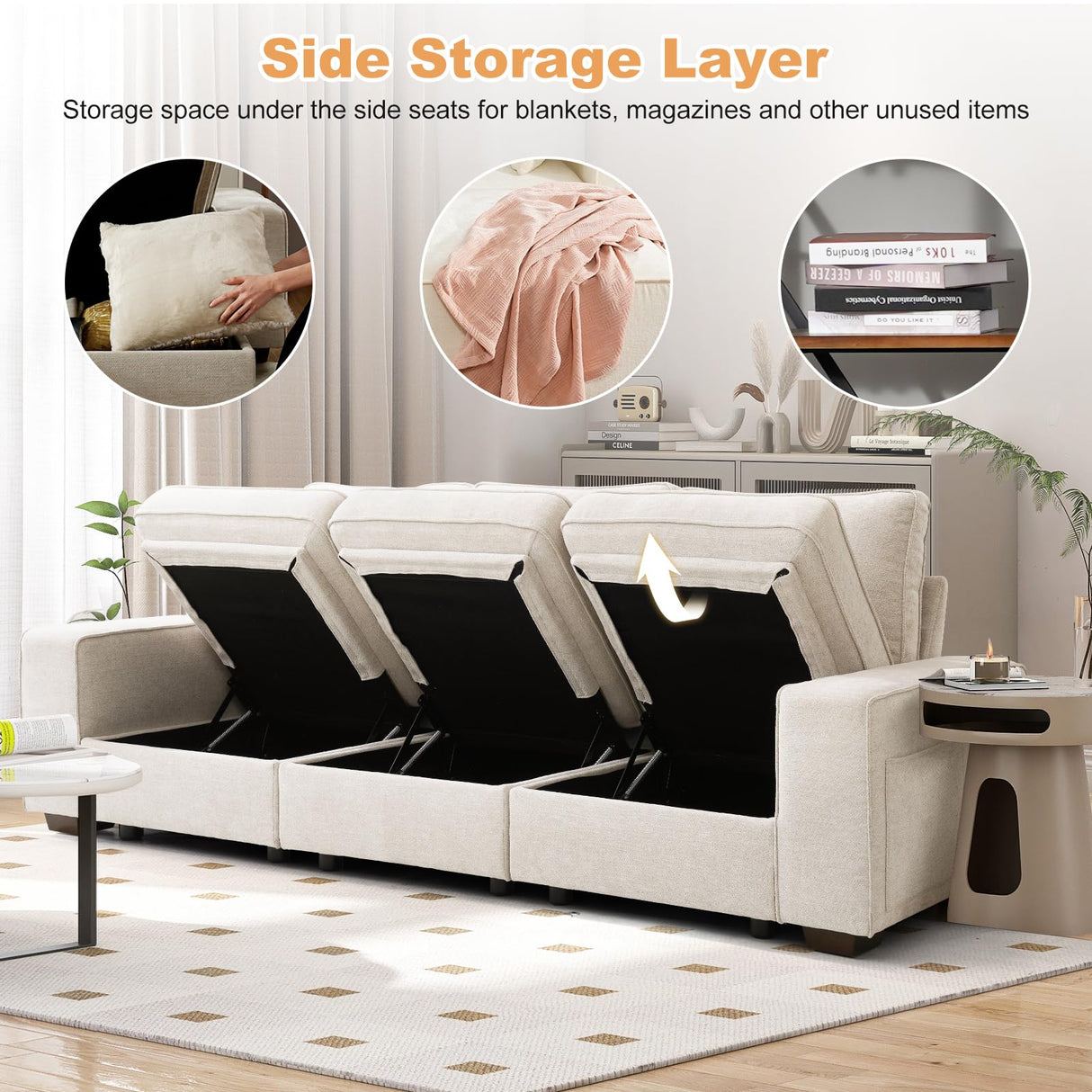 3 Seater Sofa Couch with Storage Layer, Removable and Washable Cushion Cover