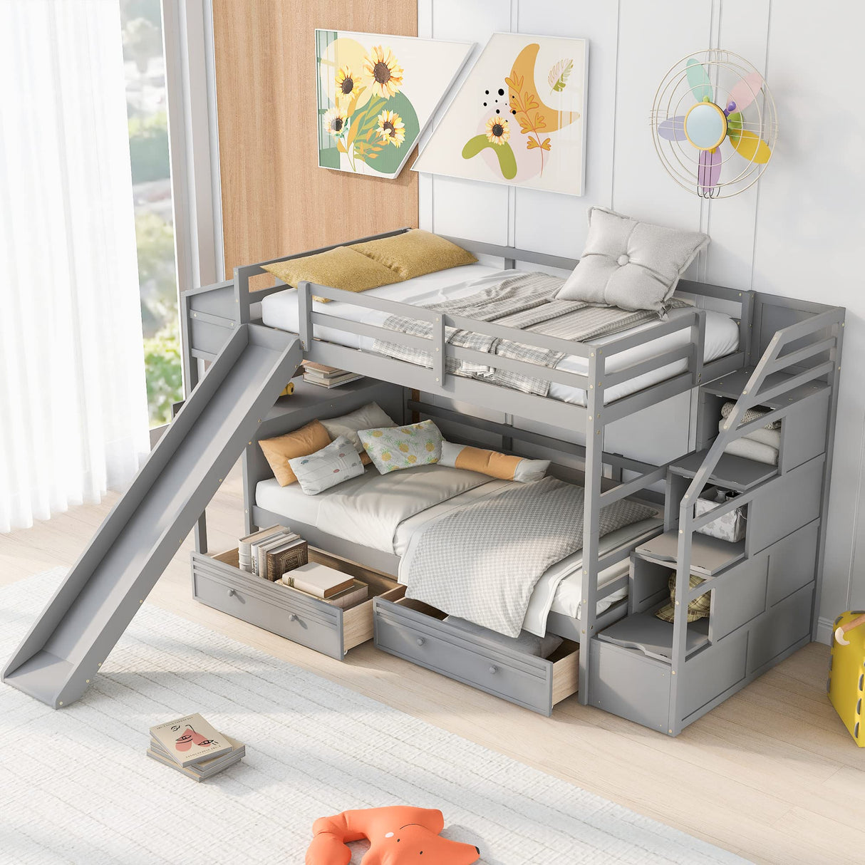 Wooden Bunk Bed with Desk, Twin Over Twin Bed Frame