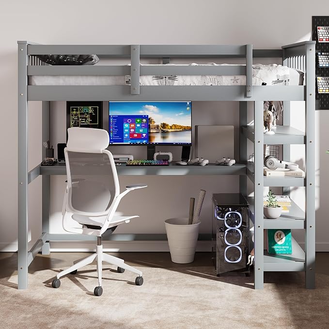 with Desk : Twin Size Loft Bed with 4-Storage Shelves and Under-Bed Desk Solid Wood