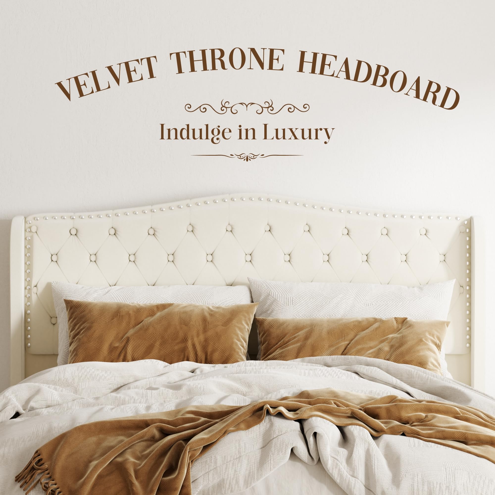 SwnftWinnt Queen Size Upholstered Bed Frame, Velvet Luxury Wingback Headback, Platform Bed with Deep Button Tufted & Nailhead Trim, No Box Spring Needed, Noise Free, Easy Assembly, Beige