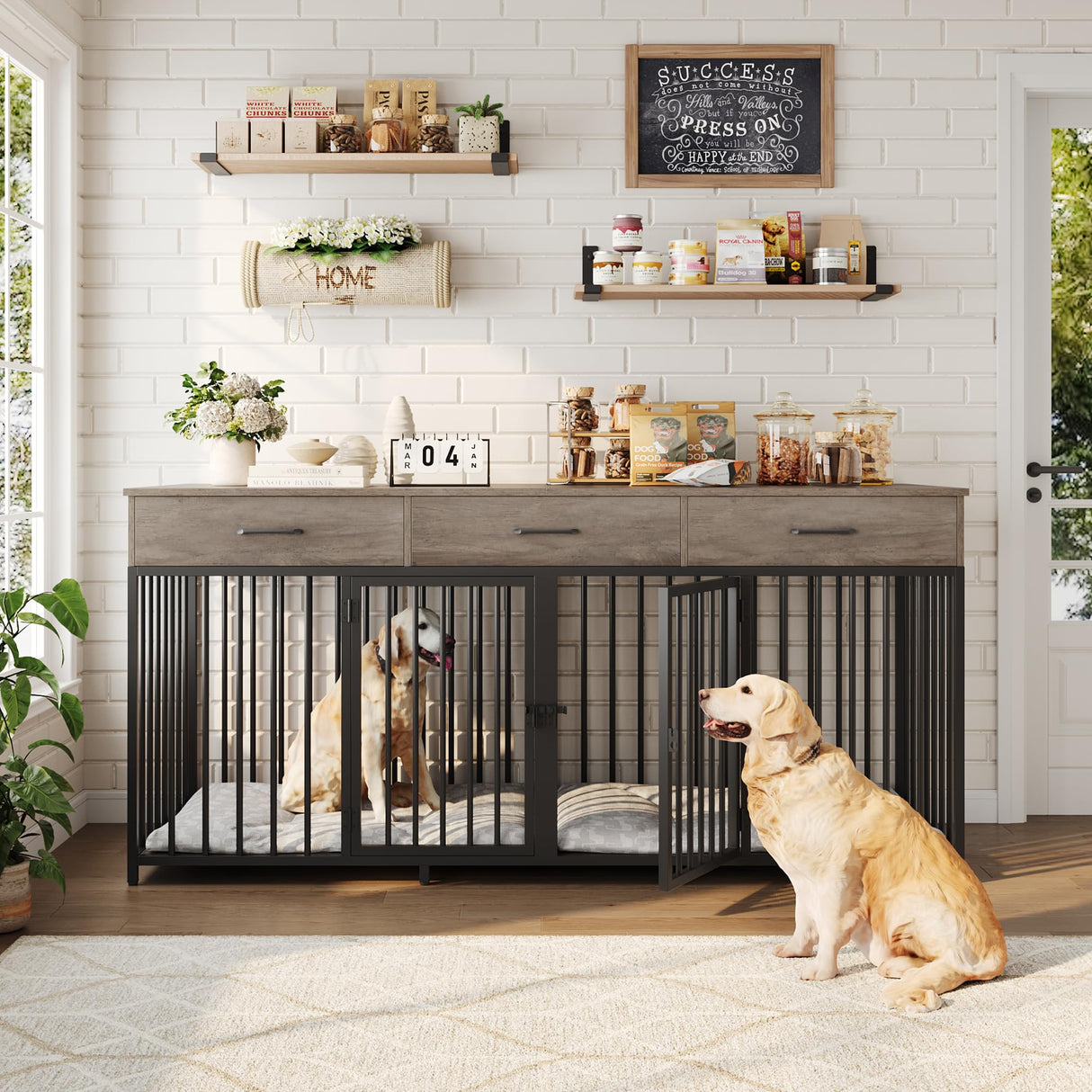Double Dog Crate Furniture 71" Wide with 3 Drawers - Heavy Duty Wooden Kennel for 2 Large Dogs