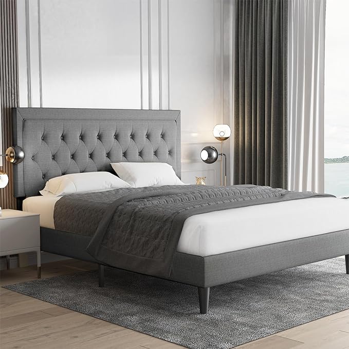 Full Size Bed Frame Upholstered Platform Bed with Adjustable Headboard