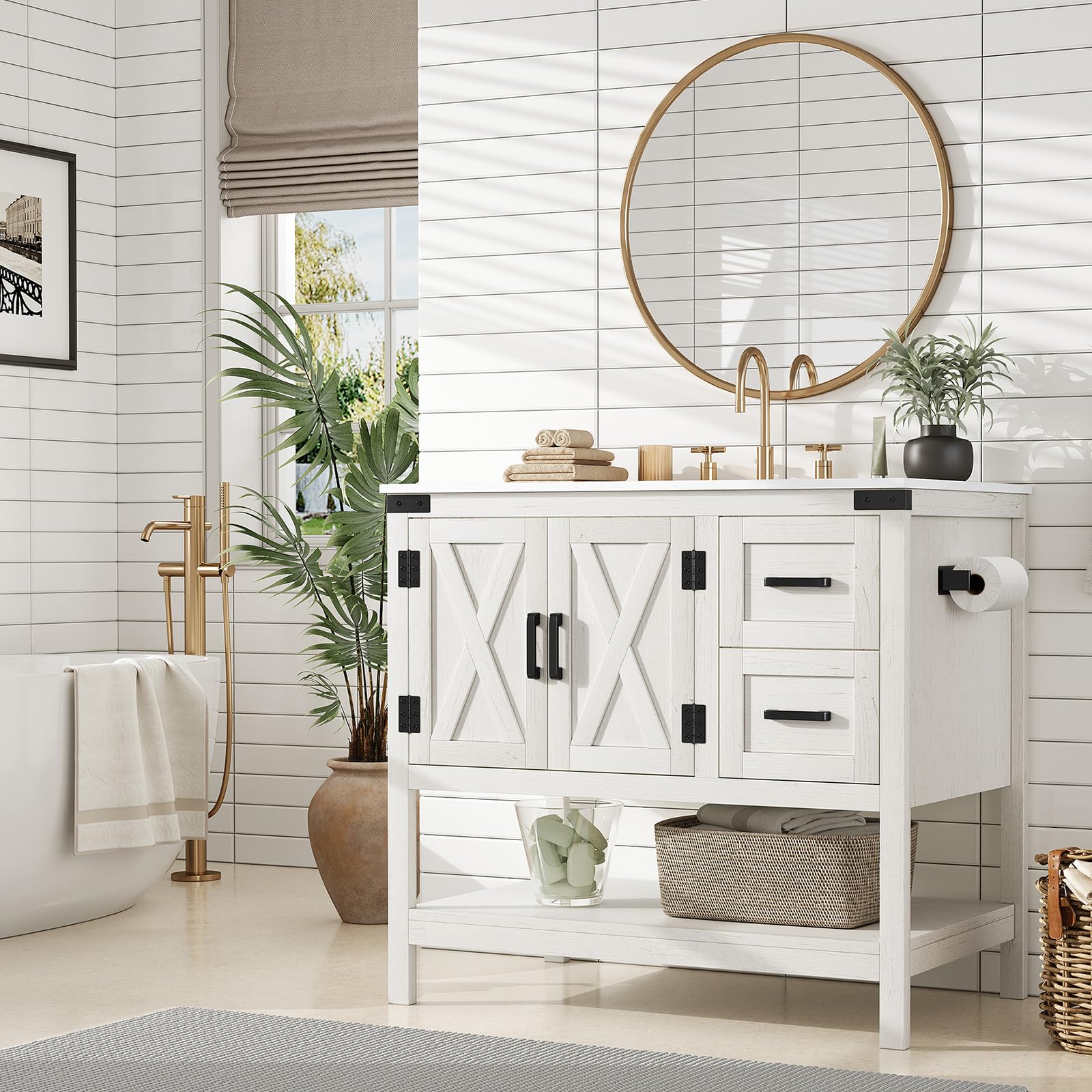 Bathroom Vanity with Sink Combo, Wood Barn Door Freestanding Small Single Bath Storage Cabinet Set