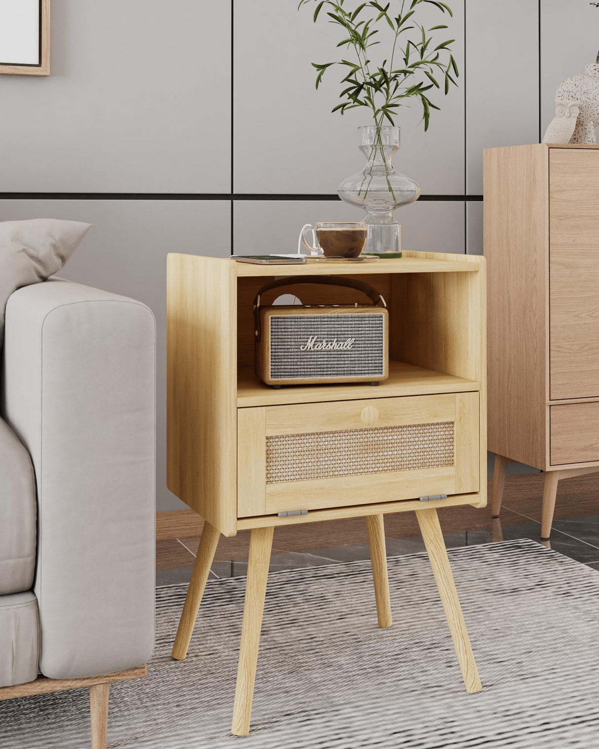 Rattan Nightstand,Farmhouse Bedside Table with Storage Drawer and Open Shelf