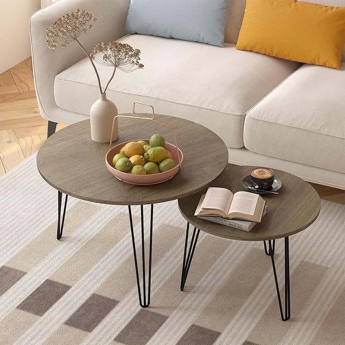 Round Nesting Coffee Table Set of 2, 27.6 inch White Marble Pattern Wooden Table Top