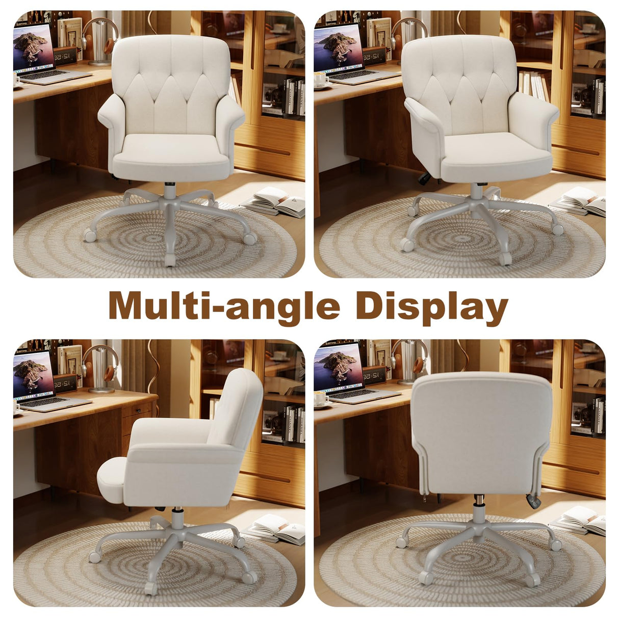 Upholstered Fuzzy Office Chair with Wheels and Arms - White
