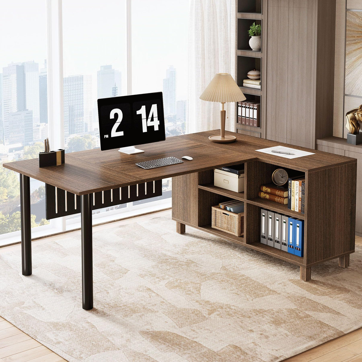 63-Inch L-Shaped Executive Desk, Large Office Desk with Storage Cabinet Shelves, L