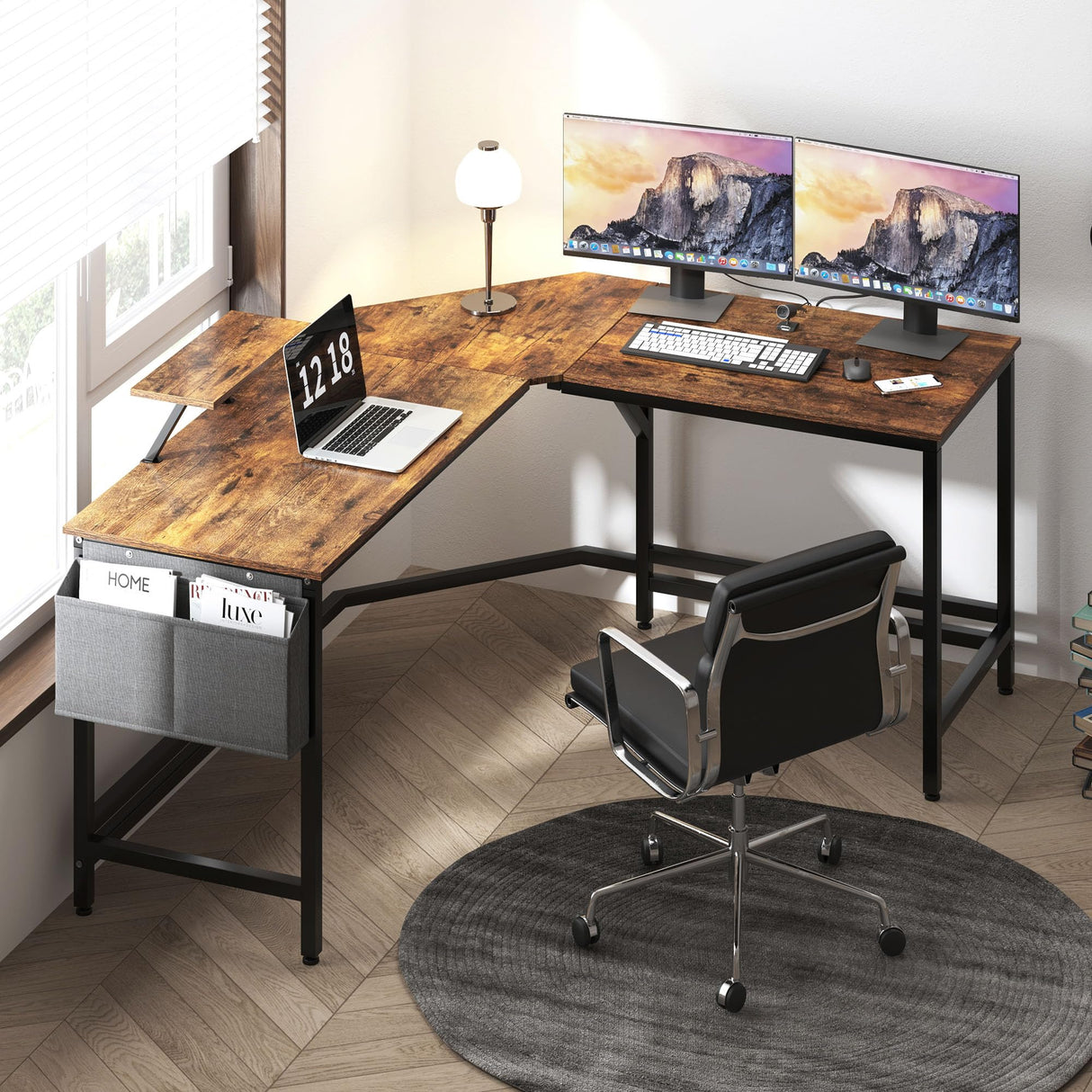 L-Shaped Desk with Side Storage Bag, 59 inch Computer Desk with Monitor