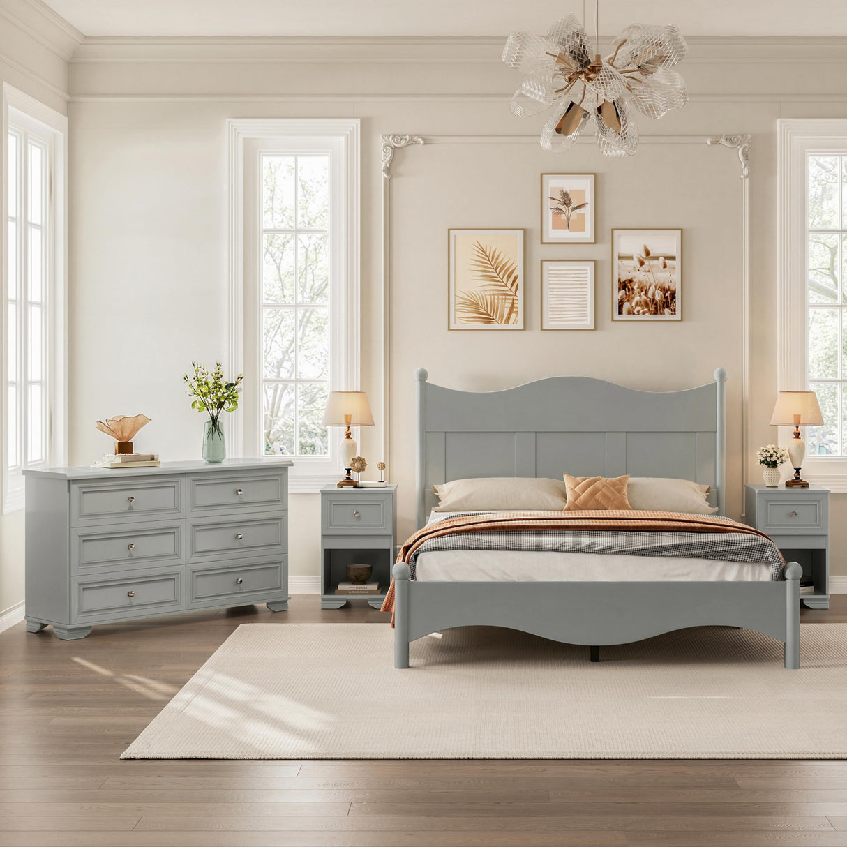 4 Pieces Queen Bedroom Sets, Including Retro Platform Bed Frame