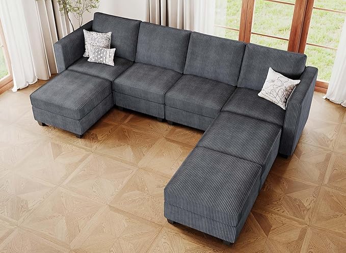 U Shape Couch with Storage Ottoman Corduroy Sectional Couch