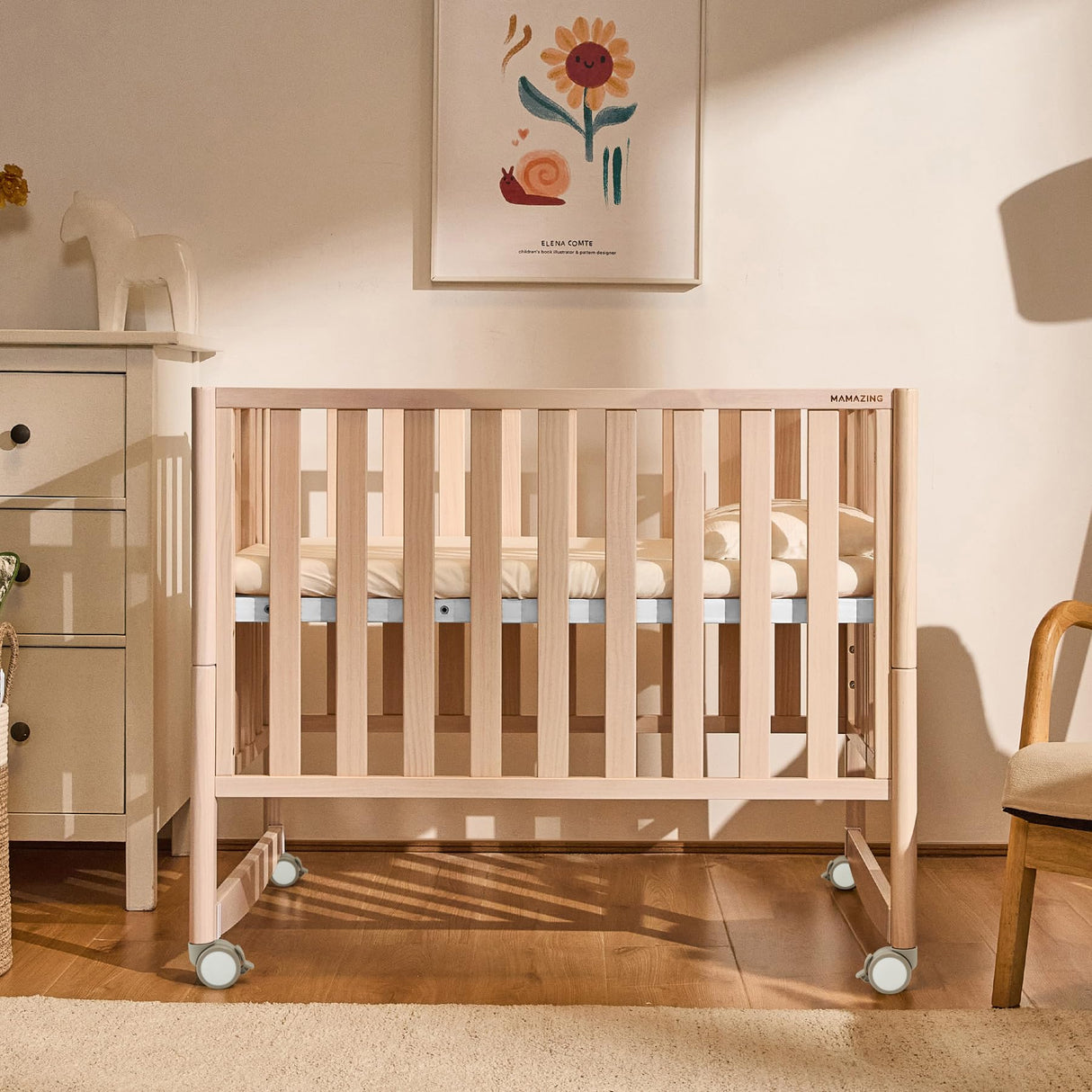 EvoNook 6-in-1 Convertible Mini Crib - Easy Assembly, Portable Folding Baby Mini Crib with Wheels, 100% New Zealand Pinewood, 4 Adjustable Mattress Heights, Washed Nature with Wheels