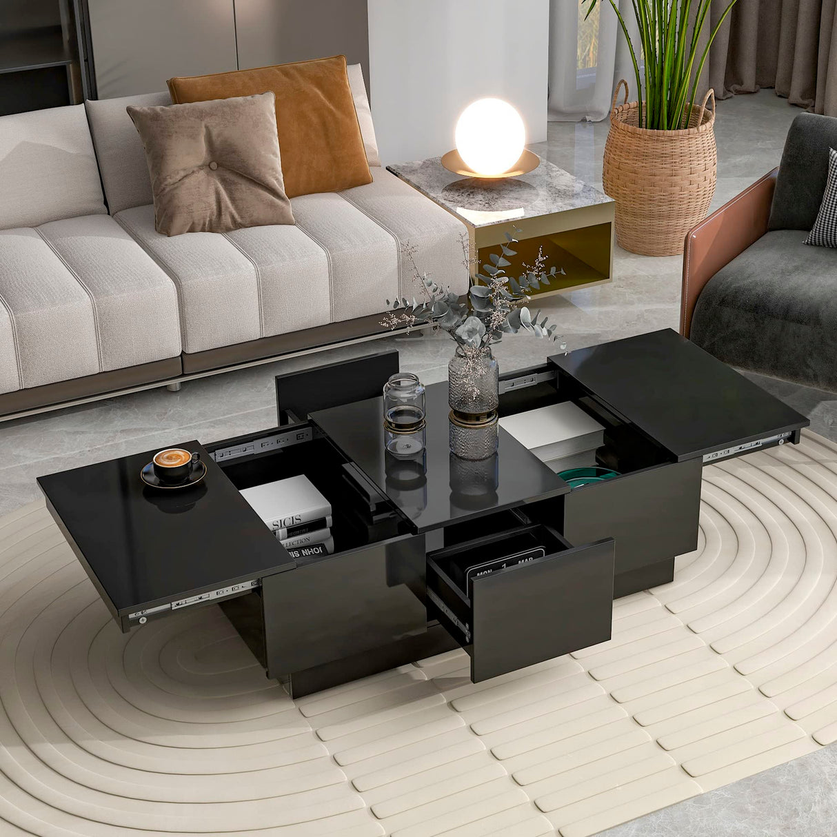 Extendable Coffee Table with 2 Drawers, Rectangle Center Table