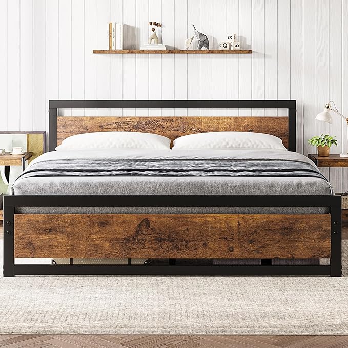 Queen Size Bed Frame, Industrial Queen Bed Platform