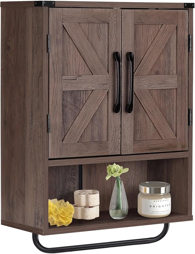 Wall Storage Cabinet with Two Barn Door, Rustic Mounted Medicine Cabinet with
