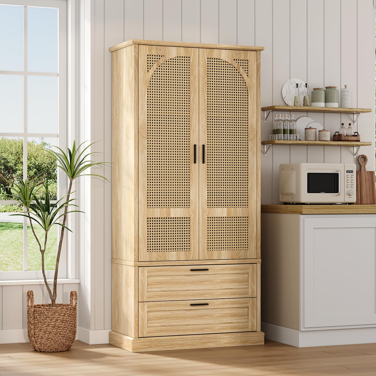 Kitchen Pantry Storage Cabinet,67" Tall,with 2 Drawers,Adjustable Shelf,Rattan Doors