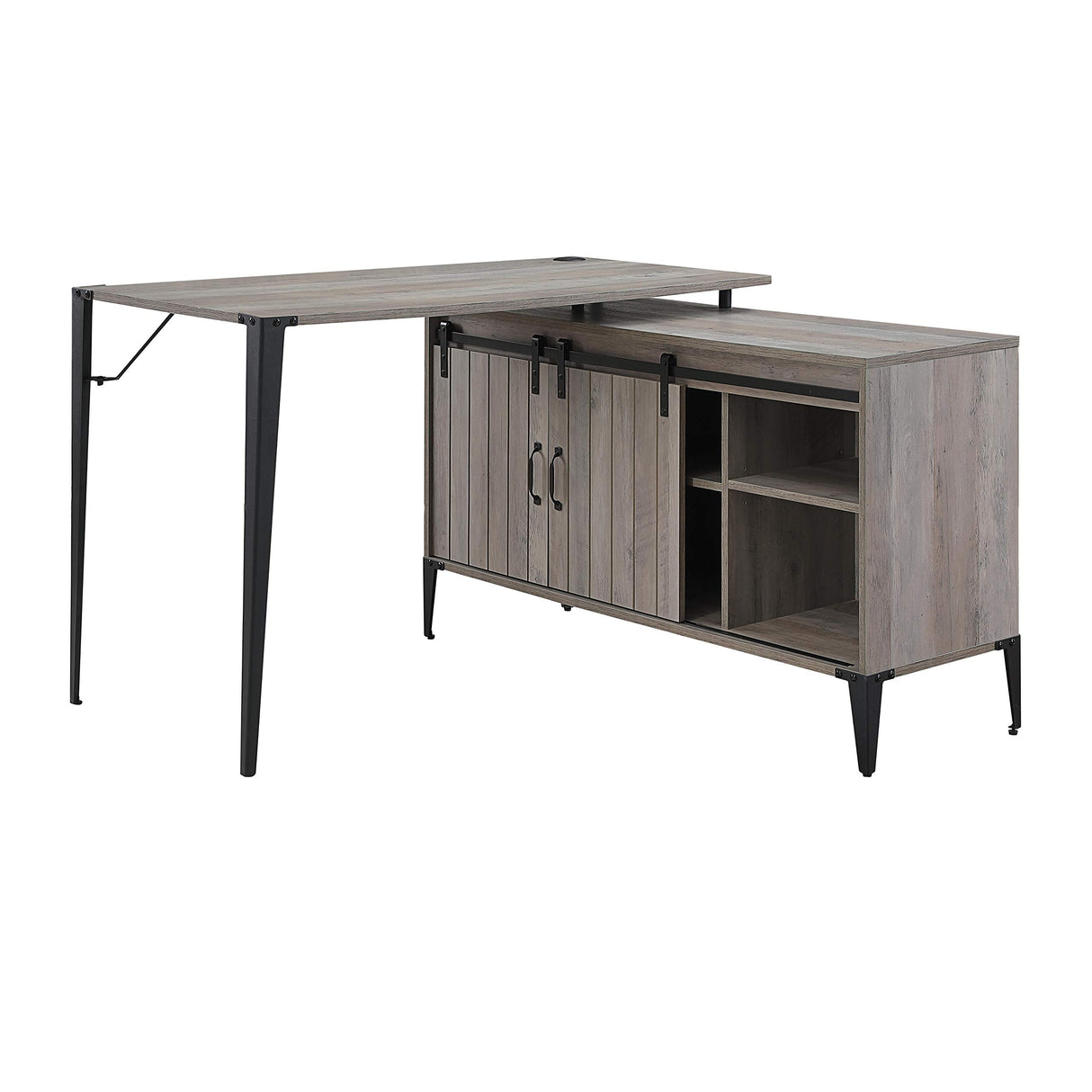 Farmhouse L-Shaped Computer Desk with Sliding Barn Door Storage Cabinet and Cord Management, Home Office Workstation Writing Table with Metal Legs, 48" L x 48" W x 31" H (Gray Oak and Black)
