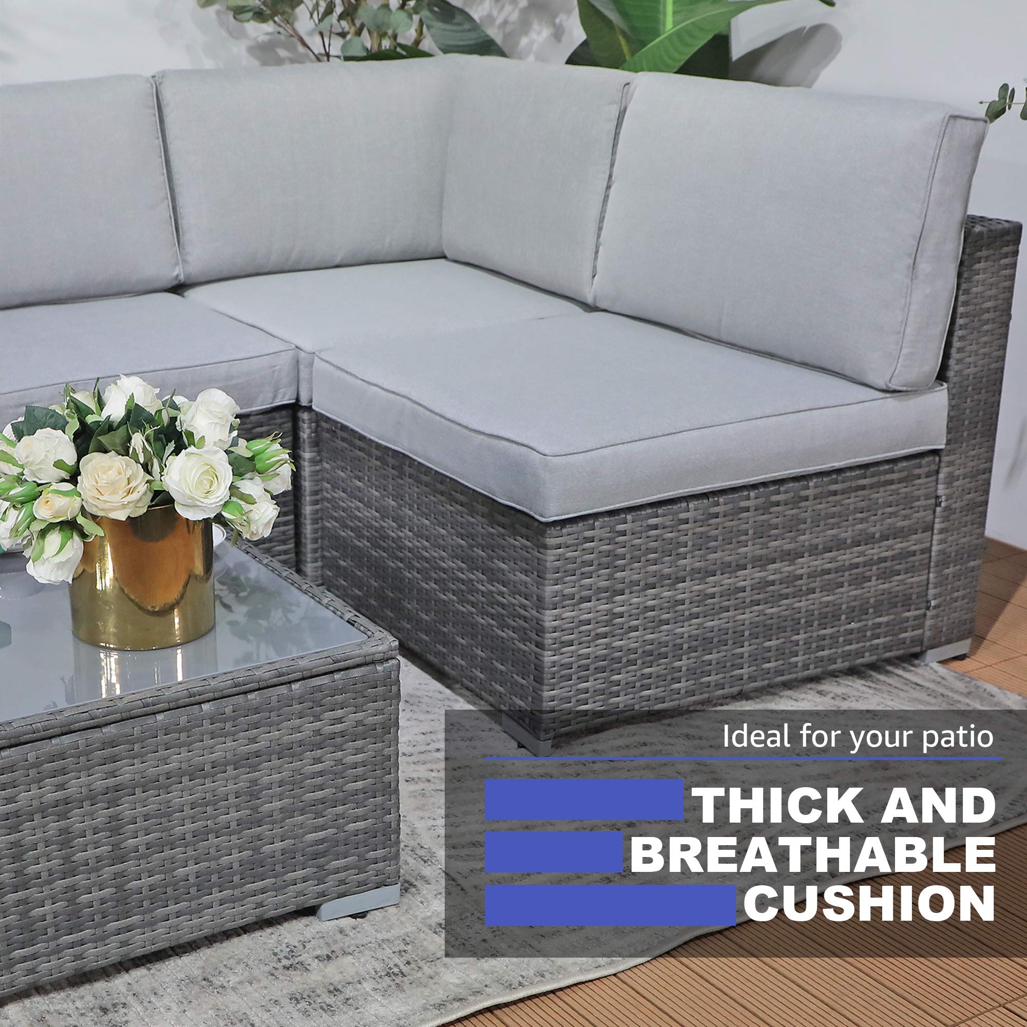 Outdoor Wicker Loveseat 2 Pieces, All Weather Grey PE Rattan Sectional Corner Sofa Set