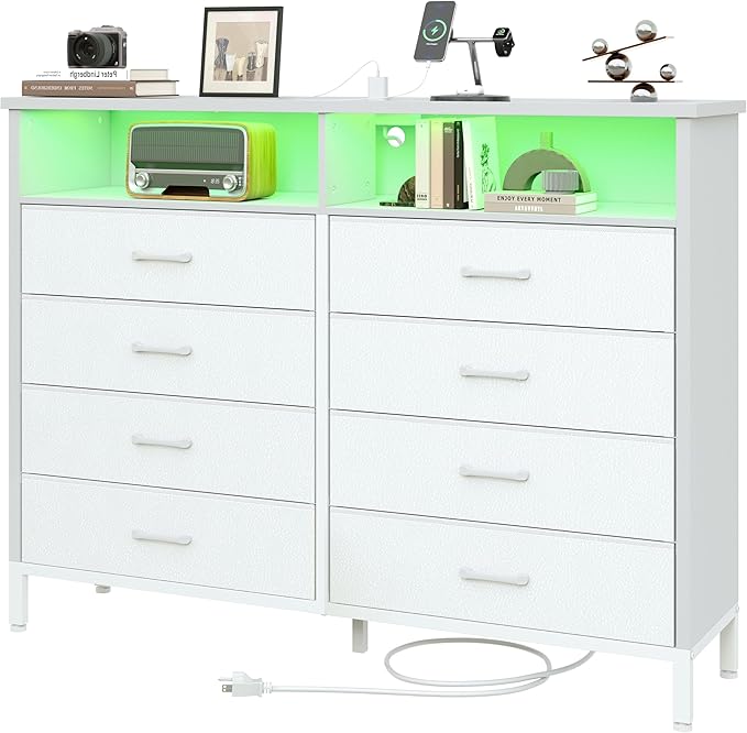 for Bedroom Led Bedroom Dresser with Charging Station, Tall Dresser with 8 Fabric Chest