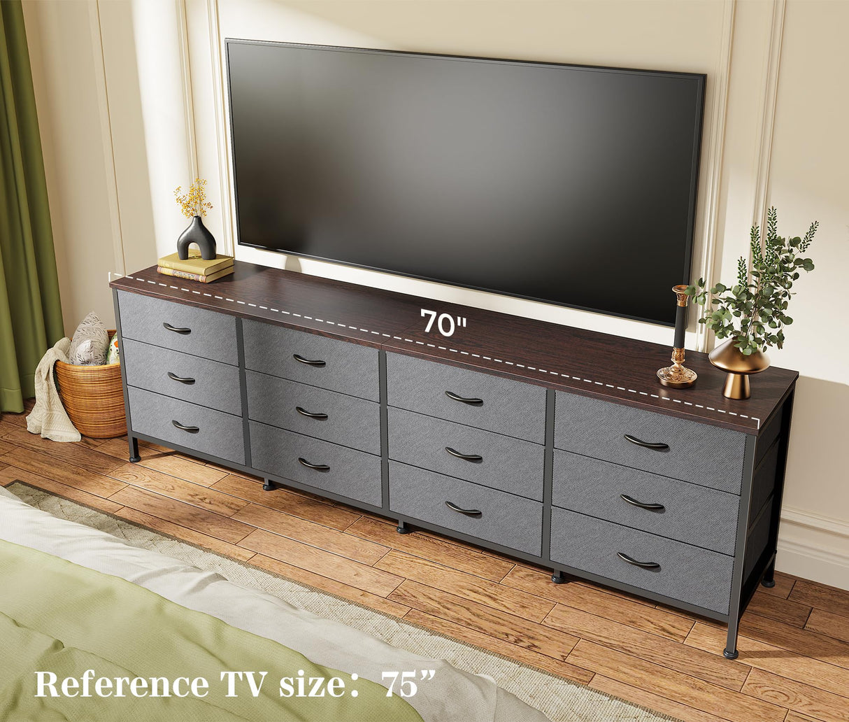 70 Inch Dresser for Bedroom, TV Stand for 65, 75, 80 Inch TV, 12 Drawer Long Dresser