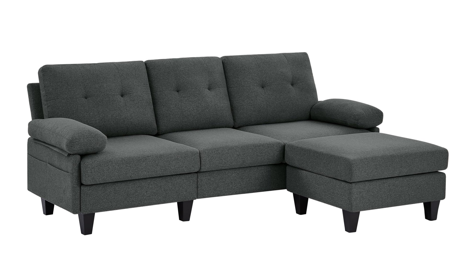 An 86-inch dark gray convertible sectional sofa with deep 3-seater L-shaped sectional couch, featuring soft cushions, pillow armrests, and a movable ottoman.